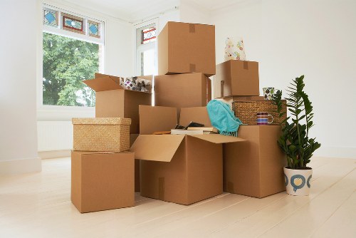 Packed office equipment ready for transport in Enfield