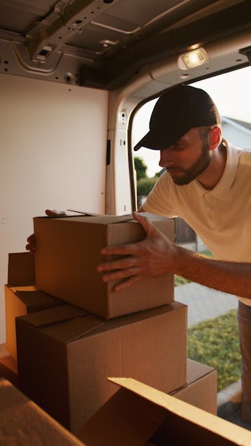 A man wearing a black cap and white t-shirt is inside the back of a moving van, carefully lifting a medium-sized cardboard box. The van's interior includes a white panel wall and a ceiling with built-