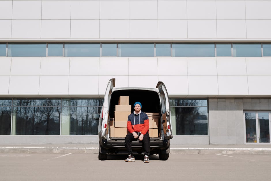 A man wearing a black cap and white t-shirt is inside the back of a moving van, carefully lifting a medium-sized cardboard box. The van's interior includes a white panel wall and a ceiling with built-